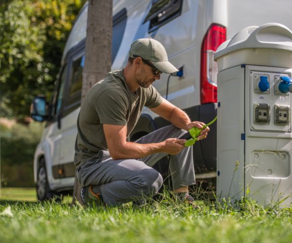 Men Attaching Electric Plug to RV Park Hookup by welcomia